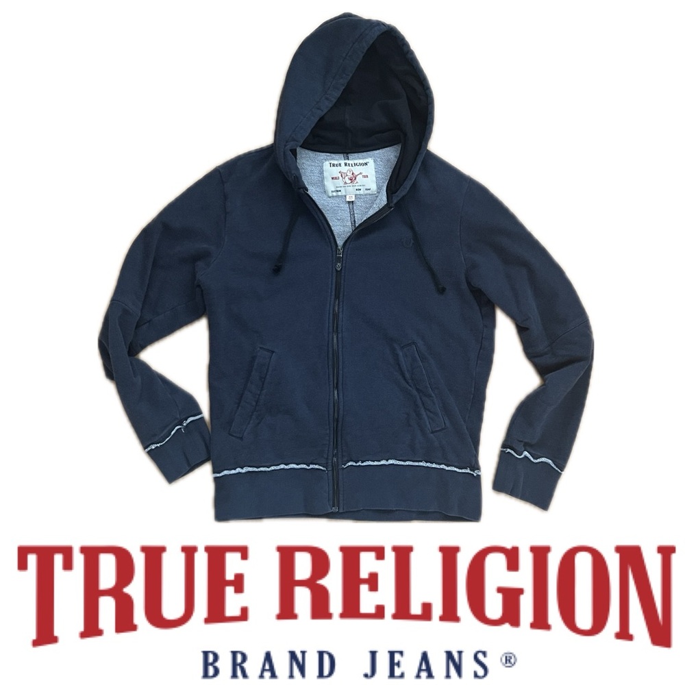 🧲True Religion Dark Blue Navy Zip-Up Drawstring Hoodie | DENIM X ZIP UP | M